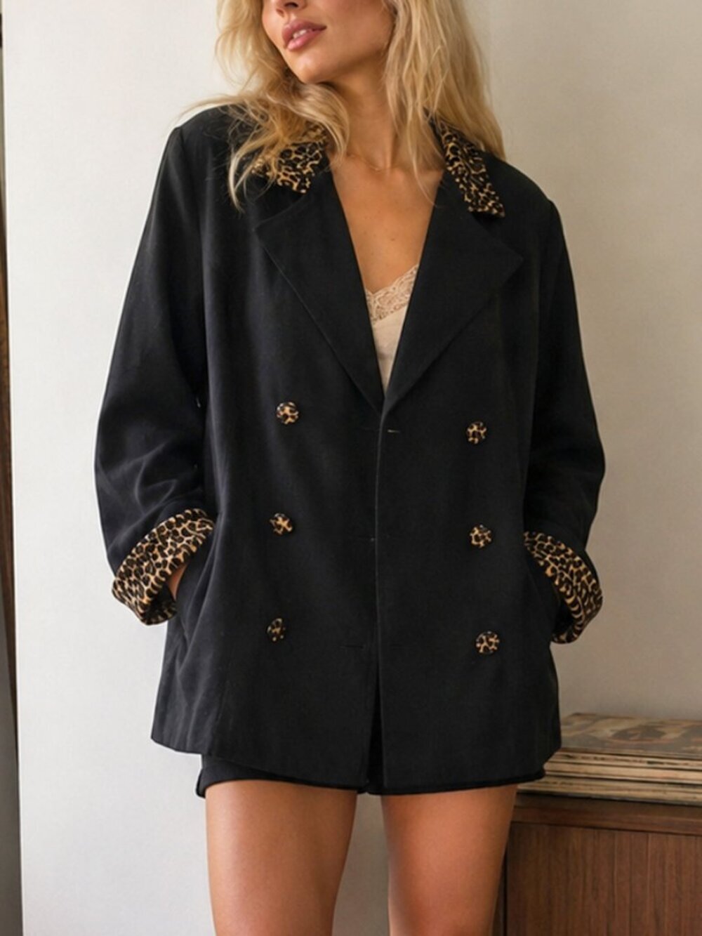 Studio C II Vintage Black Leopard Trim Double Breasted Jacket